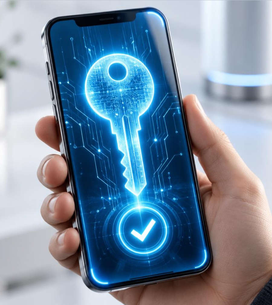 A hand holding a phone with the glowing AI key and a verified tick