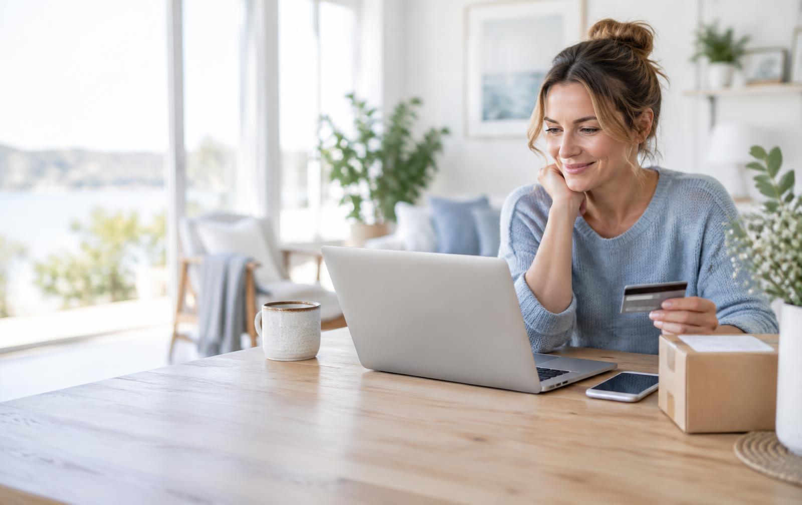 A customer shopping online with card in hand at a protected checkout